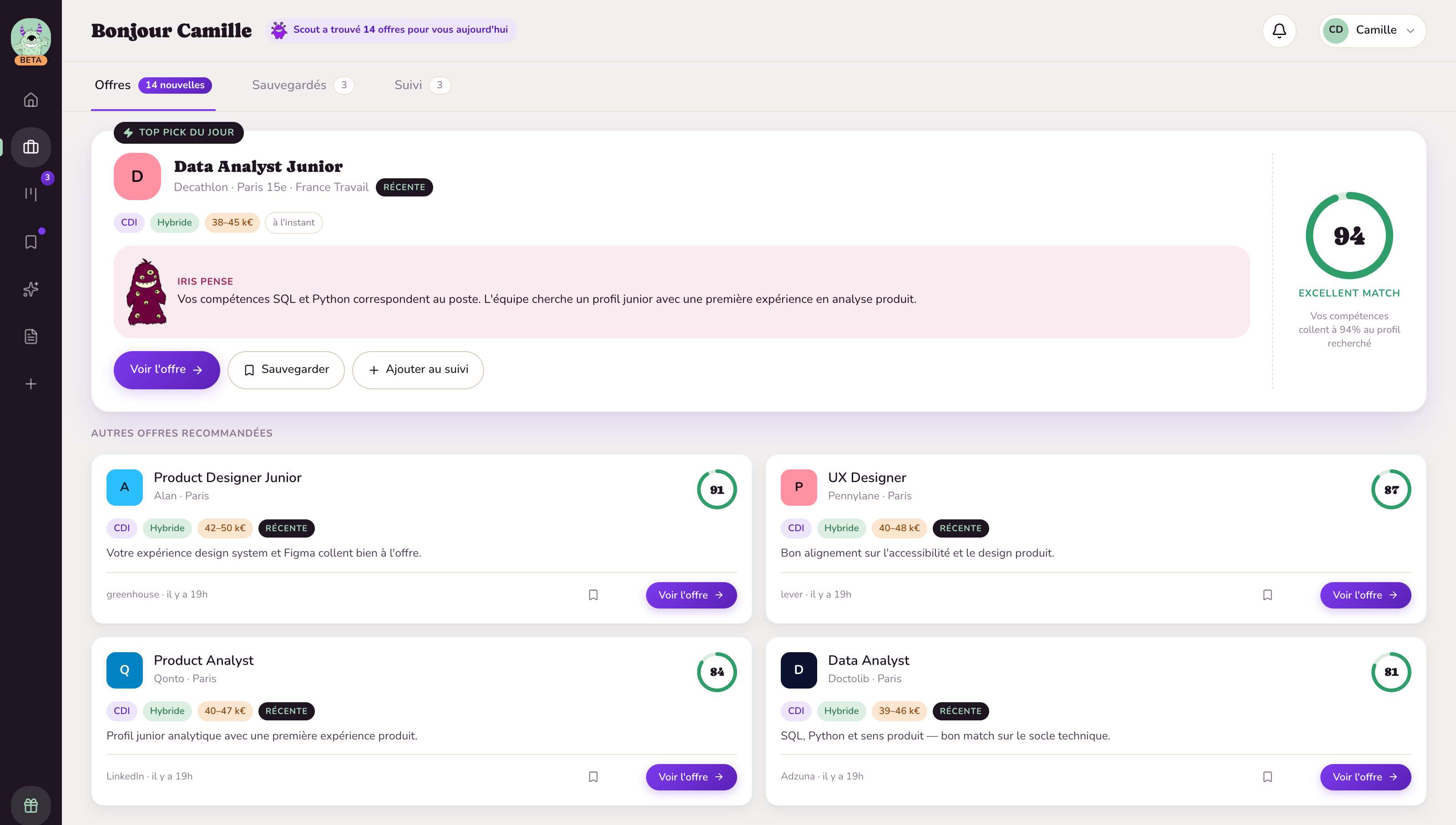 Aperçu Jobbie — feed Offres